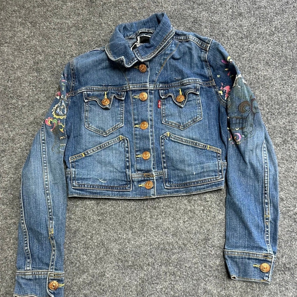 Levi's Denim Jacket Womens Size S Blue Cropped Custom Skull Graphic Mexico Patch